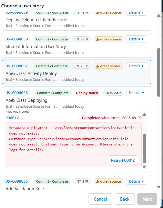 Failed deployment with retry option
