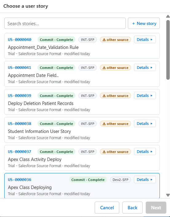 Choose a Copado user story in the extension