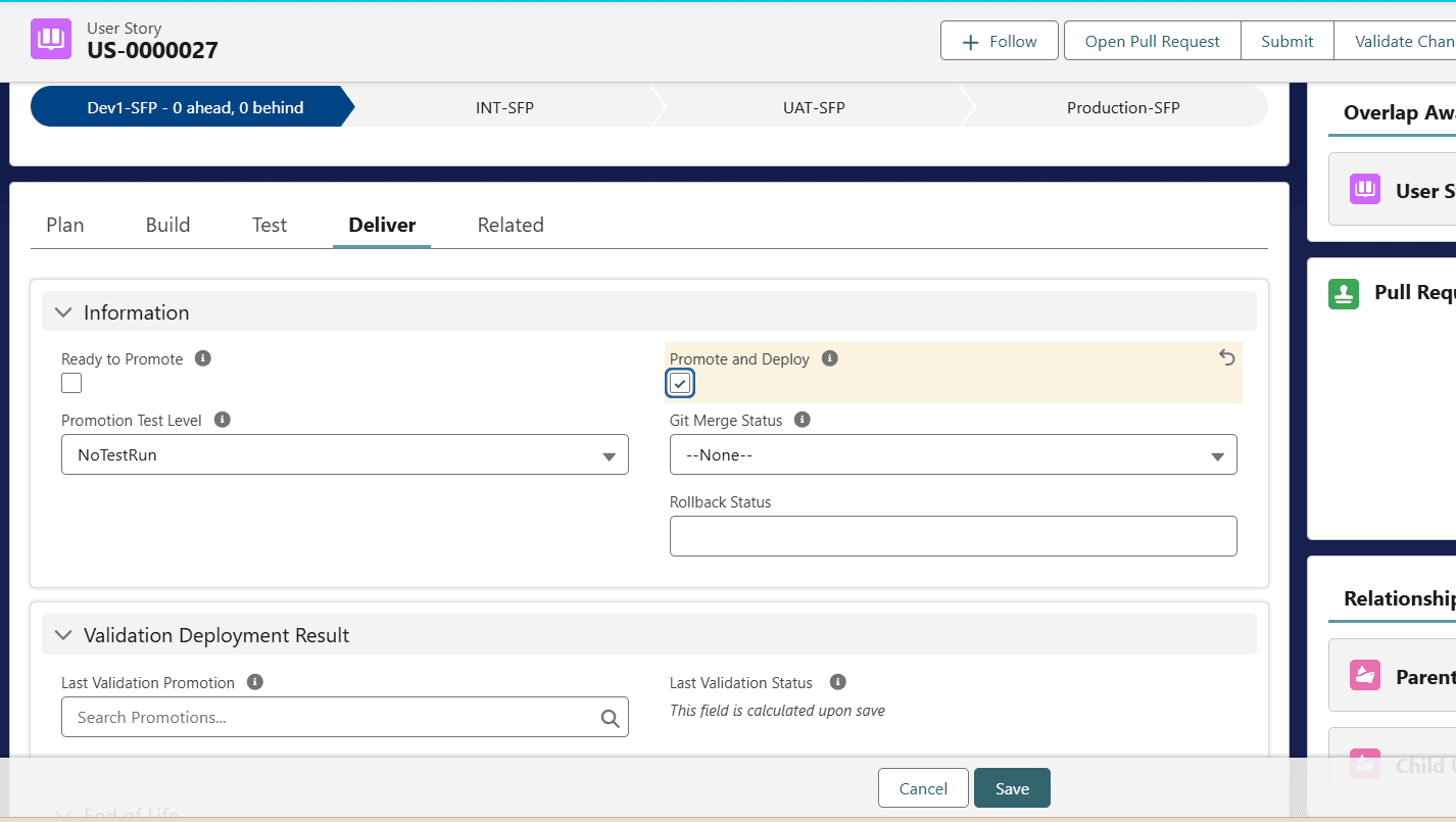 Promote and Deploy with Rollback Status on the Deliver tab
